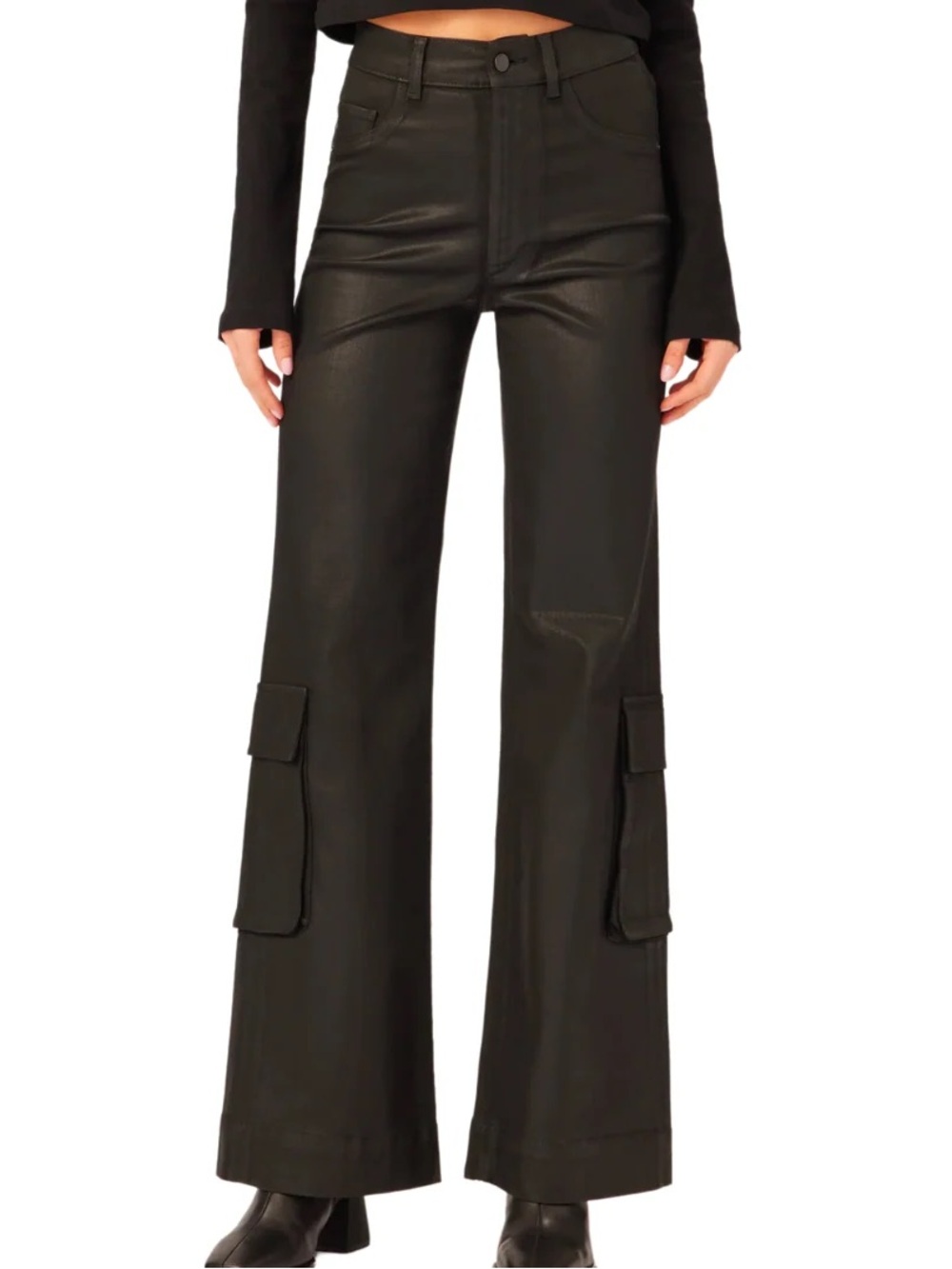 DL1961 Hepburn Wide Leg High Rise Black Coated Cargo Jeans Size 28